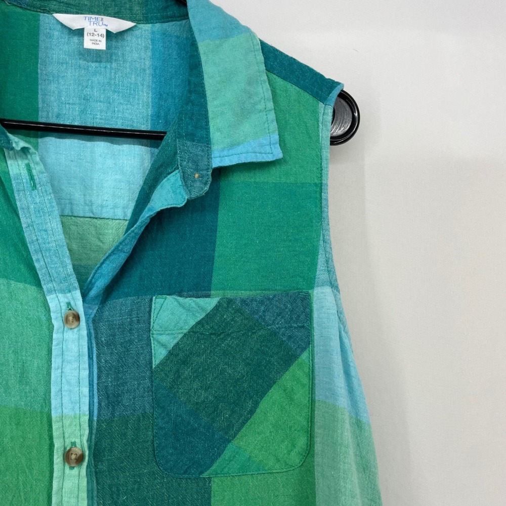 Time and Tru Size L Sleeveless Button Down Shirt Green Teal Plaid‎ Linen Blend - Picture 2 of 6